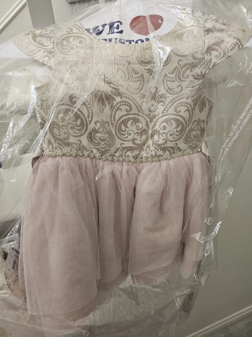 Girls Beige Brocade and Pink Tulle Theater Dress with Decorative Waistband